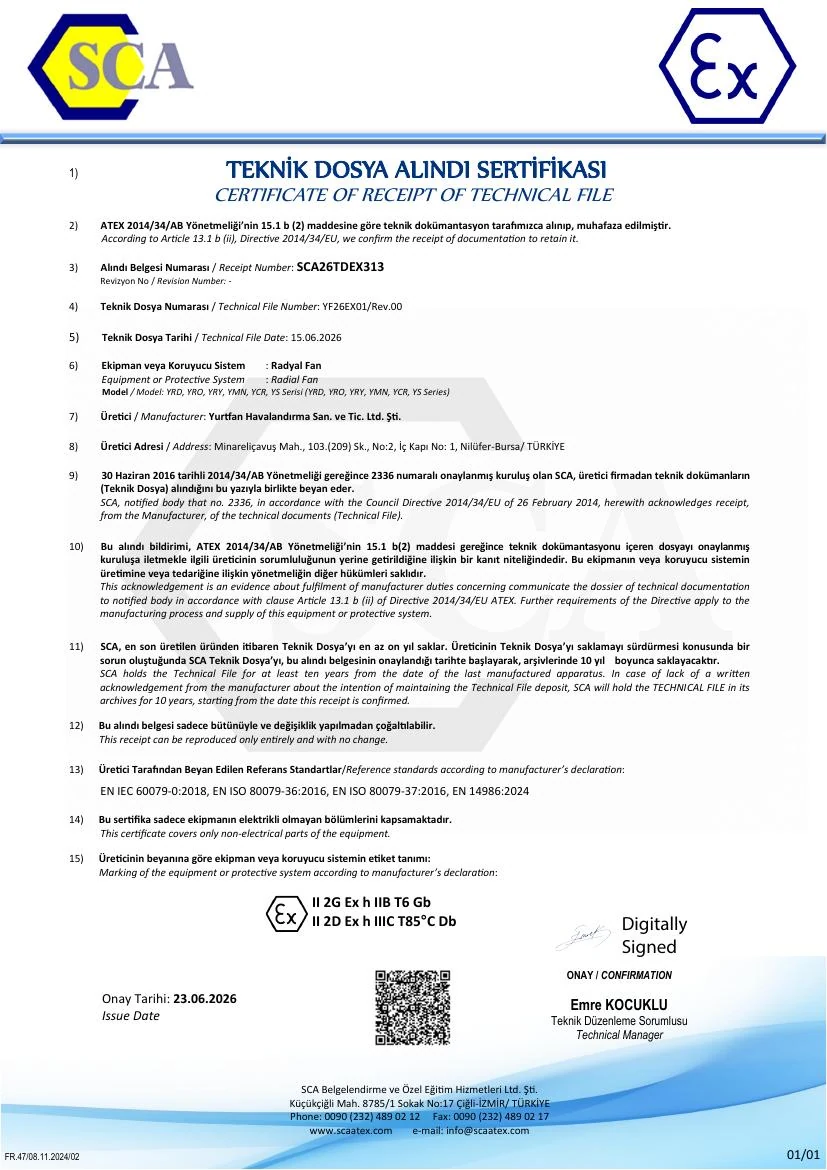 ATEX Teknik Dosya Alındı Sertifikası